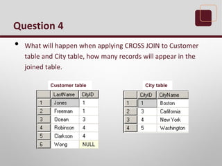 Question 4
• What will happen when applying CROSS JOIN to Customer
table and City table, how many records will appear in the
joined table.
Customer table City table
 