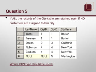 Question 5
• If ALL the records of the City table are retained even if NO
customers are assigned to this city.
Which JOIN type should be used?
 