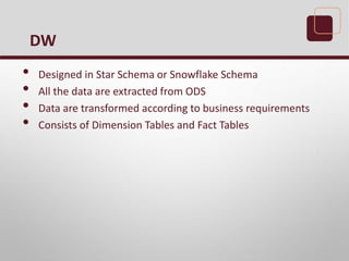 • Designed in Star Schema or Snowflake Schema
• All the data are extracted from ODS
• Data are transformed according to business requirements
• Consists of Dimension Tables and Fact Tables
DW
 