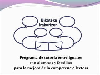 Bikoteka
Irakurtzen

Programa de tutoría entre iguales
con alumnos y familias
para la mejora de la competencia lectora

 