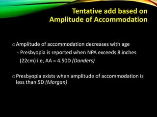 Tentative add based on
Amplitude of Accommodation
oAmplitude of accommodation decreases with age
- Presbyopia is reported when NPA exceeds 8 inches
(22cm) i.e, AA = 4.50D (Donders)
oPresbyopia exists when amplitude of accommodation is
less than 5D (Morgan)
 