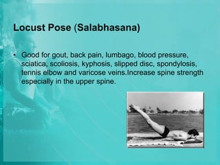 Locust Pose (Salabhasana)
• Good for gout, back pain, lumbago, blood pressure,
sciatica, scoliosis, kyphosis, slipped disc, spondylosis,
tennis elbow and varicose veins.Increase spine strength
especially in the upper spine.
 