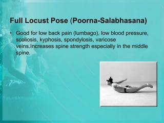 Full Locust Pose (Poorna-Salabhasana)
• Good for low back pain (lumbago), low blood pressure,
scoliosis, kyphosis, spondylosis, varicose
veins.Increases spine strength especially in the middle
spine.
 