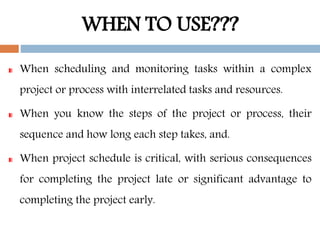 WHEN TO USE???
When scheduling and monitoring tasks within a complex
project or process with interrelated tasks and resources.
When you know the steps of the project or process, their
sequence and how long each step takes, and.
When project schedule is critical, with serious consequences
for completing the project late or significant advantage to
completing the project early.
 