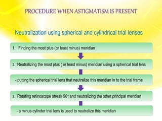 Neutralization using spherical and cylindrical trial lenses
PROCEDURE WHEN ASTIGMATISM IS PRESENT
1. Finding the most plus (or least minus) meridian
- putting the spherical trial lens that neutralize this meridian in to the trial frame
2. Neutralizing the most plus ( or least minus) meridian using a spherical trial lens
3. Rotating retinoscope streak 90o and neutralizing the other principal meridian
- a minus cylinder trial lens is used to neutralize this meridian
 