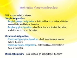 With accommodation relaxed:
Simple Astigmatism
Simple hyperopic astigmatism – first focal line is on retina, while the
second is located behind the retina
Simple myopic astigmatism – first focal line is in front of the retina,
while the second is on the retina
Compound Astigmatism
Compound hyperopic astigmatism – both focal lines are located
behind the retina
Compound myopic astigmatism – both focal lines are located in
front of the retina
Mixed Astigmatism – focal lines are on both sides of the retina
Based on focus of the principal meridians
 
