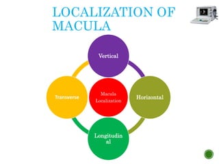 LOCALIZATION OF
MACULA
Macula
Localization
Vertical
Horizontal
Longitudin
al
Transverse
 