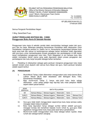 1
PEJABAT KETUA PENGARAH PENDIDIKAN MALAYSIA
Office of the Director General of Education Malaysia
PARAS 7 BLOK J PUSAT BANDAR DAMANSARA
Level 7 Block J Damansara Town Centre
50604 KUALA LUMPUR Tel: 03-2586900
Fax: 03-2535150
KP (BS) 8591/4/Jld.XVI (1)
3 Februari 2000
Semua Pengarah Pendididikan Negeri
Y.Bhg. Datuk/Dato'/Tuan,
SURAT PEKELILING IKHTISAS BIL. 1/2000:
Penggunaan Buku Keria Di Sekolah Rendah
Penggunaan buku kerja di sekolah rendah telah menimbulkan berbagai reaksi dari guru-
guru dan ibu bapa. Beberapa pekeliling Kementerian Pendidikan telah dikeluarkan untuk
menjelaskan mengenai perkara ini. Dalam hal ini, Kementerian berpendapat bahawa buku
kerja yang baik dan sesuai isi kandungannya sebagai bahan tambahan boleh digunakan
oleh guru-guru untuk memperkayakan proses pengajaran dan pembelajaran di bilik darjah
tanpa mengabaikan penggunaan buku teks. Perlu ditegaskan di sini bahawa buku teks
adalah merupakan bahan utama yang wajib digunakan dalam proses pengajaran dan
pembelajaran dan buku kerja hanyalah sebagai bahan tambahan.
2. Pekeliling ini dikeluarkan sebagai garis panduan mengenai penggunaan buku kerja
sekolah rendah untuk dipatuhi oleh semua Guru Besar dan guru. Garis panduan tersebut
adalah seperti berikut:
(A) PENGGUNAAN
i) Murid-Murid Tahap I tidak dibenarkan menggunakan buku kerja kerana Buku
Latihan Aktiviti (BLA) telah disediakan oleh Bahagian Buku Teks,
Kementerian Pendidikan.
ii) Bagi murid-murid Tahap 2, hanya satu judul buku kerja sahaja
dibenarkan untuk setiap pelajar bagi tiap-tiap satu mata pelajaran KBSR
seperti dalam jadual berikut:
JENIS
SEKOLAH
MATA PELAJARAN
SK Bahasa Melayu Bahasa Inggeris Matematik Sains
SJK(C) Bahasa Melayu Bahasa Inggeris Matematik Sains Bahasa Cina
SJK(T) Bahasa Melayu Bahasa Inggeris Matematik Sains Bahasa Tamil
iii) Guru-guru tidak boleh menggunakan sepenuhnya buku kerja semasa waktu
mengajar dalam kelas di sekolah.
iv) Buku kerja digunakan hanya sebagai sumber latihan setelah guru-guru
mengajar konsep dan kemahiran kepada rnurid. Untuk itu, guru-guru tidak
digalakkan menggunakan buku kerja pada awal tahun persekolahan.
v) Murid-murid boleh menggunakan buku kerja sebagai bahan rujukan, kerja
rumah dan sebagai bahan ulangkaji.
 
