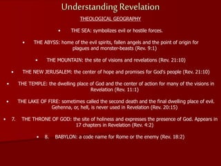Understanding Revelation
THEOLOGICAL GEOGRAPHY
• THE SEA: symbolizes evil or hostile forces.
• THE ABYSS: home of the evil spirits, fallen angels and the point of origin for
plagues and monster-beasts (Rev. 9:1)
• THE MOUNTAIN: the site of visions and revelations (Rev. 21:10)
• THE NEW JERUSALEM: the center of hope and promises for God's people (Rev. 21:10)
• THE TEMPLE: the dwelling place of God and the center of action for many of the visions in
Revelation (Rev. 11:1)
• THE LAKE OF FIRE: sometimes called the second death and the final dwelling place of evil.
Gehenna, or, hell, is never used in Revelation (Rev. 20:15)
• 7. THE THRONE OF GOD: the site of holiness and expresses the presence of God. Appears in
17 chapters in Revelation (Rev. 4:2)
• 8. BABYLON: a code name for Rome or the enemy (Rev. 18:2)
 