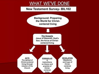 WHAT WE’VE DONE
New Testament Survey- BIL102
Background: Preparing
the World for Christ-
centered living
The Gospels
Jesus of Nazareth, God’s
Son, the focus of Christ-
centered living
ACTS
The spread of
Christ-centered
living through
mission of the
Church
REVELATION
Obedience
and hope of
Christ-
centered
living
ROMANS/JUD
E
Instructions
on theory and
practice of
Christ-
centered
living
 