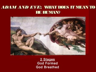 ADAM AND EVEADAM AND EVE:: WHAT DOES IT MEAN TOWHAT DOES IT MEAN TO
BE HUMAN?BE HUMAN?
2 Stages
God Formed
God Breathed
 