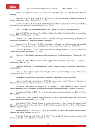 JuKu: Jurnal Kurikulum & Pengajaran Asia Pasifik - April 2013, Bil. 1 Isu 2
59
juku.um.edu.my
JuKu
Babbie, E. R. (2001). The Practice of Social Research (9th Ed.). Edisi ke 9. USA: Wadsworth Thomson
Learning.
Bowen, G. L., Ware, W. B., Rose, R. A., & Powers, J. D. (2007). Assessing the function of schools as
learning organization. Children & School, 29(4), 199-208.
Celep, C., Konakli, T., & Recepoglu, E. (2011). Organizational learning: Perceptions of teachers’ in Turkey.
International Online Journal of Educational Sciences, 3(2), 474-493.
Chua Y. P. (2006). Asas Statistik Penyelidikan. Kuala Lumpur: McGraw-Hill (Malaysia) Sdn. Bhd.
Chua Y. P. (2008). Asas Statistik Penyelidikan: Analisis Data Skala Ordinal dan Skala Nominal. Kuala
Lumpur: McGraw-Hill (Malaysia) Sdn. Bhd.
Creswell, J. W. (2008). Educational research: Planning, conducting, and evaluating quantitative and
qualitative research (3rd Ed.). New Jersey: Pearson Prentice Hall.
Dahlgren, M. A., & Chiriac, E. H. (2009). Learning for profesional life: Student teachers’ and graduated
teachers’ view of learning, responsibilities and collaboration. Teaching and Teacher Education, 25, 991-999.
Davies, B., & Ellison, L. (2001). Organizational learning: building the future of a school. International
Journal of Educational Management, 15(2), 78-85.
Gregory, A. (2010). Teacher learning on problem-solving teams. Teaching and Teacher Education, 26, 608-
615.
Hallinger, P. (2010). Making education reform happen: Is there an ‘Asian’ way? School Leadership and
Management, 30 (5),401-419.
Hargreaves, D. H. (2011). System redesign for capacity building. Journal of Educational Administration,
49(6), 685-700.
Harris, A. (2011). System improvement through collective capacity building. Journal of Educational
Administration, 49(6), 624-636.
Heimeriks, K. H. (2008). Developing alliance capabilities. Basingstoke: Palgrave Macmillan.
Henze, I., Van Driel, J. H., &Verloop, N. (2009). Experienced science teachers’ learning in the context of
educational innovation. Journal of Teacher Education, 60(2), 184-199.
Hoekstra, A., Brekelmanns, M., Beijaard, A., & Korthagen, F. (2009). Experienced teachers’ informal
learning: Learning activities and changes in behavior and cognition. Teaching and Teacher Education, 25, 663-673.
Fraenkel, J., & Wallen, N. (2003) How to design and evaluate research in education (6th Ed.). New York:
McGraw Hill.
Jamaliah Abdul Hamid. (2008). Knowledge strategies of school administrators and teachers. International
Journal of Educational Management, 22(3), 259-268.
Juita Sanawi. (2003). Sekolah Sebagai Organisasi Pembelajaran: Satu Tinjauan di sekolah-sekolah
Menengah bahagian Kuching, Samarahan, Sarawak. Tesis Sarjana yang tidak diterbitkan, Universiti Kebangsaan
Malaysia, Bangi, Selangor.
Jurasaite-Harbison, E., & Rex, L. A. (2010). School cultures as contexts for informal teacher learning.
Teaching and Teacher education, 26, 267-277.
Jyothibabu, C., Farooq, A., & Pradhan, B. B. (2010). An integrated scale for measuring an organisazational
learning system. The Learning Organization, 17(4), 303-327.
 