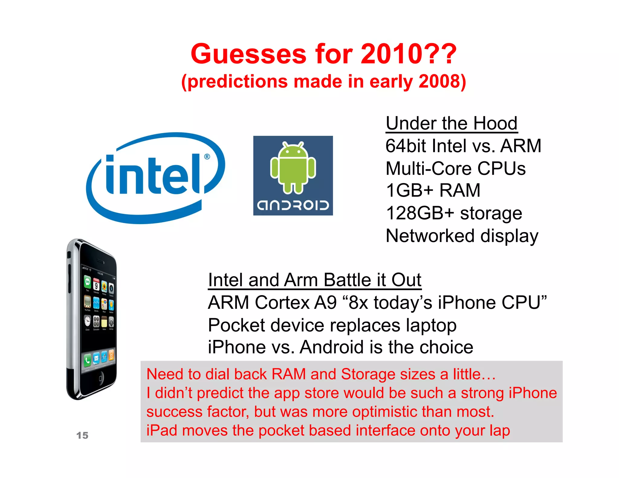 Guesses for 2010??
          (predictions made in early 2008)

                                       Under the Hood
                                       64bit Intel vs. ARM
                                       Multi-Core CPUs
                                       1GB+ RAM
                                       128GB+ storage
                                       Networked display

             Intel and Arm Battle it Out
             ARM Cortex A9 “8x today’s iPhone CPU”
             Pocket device replaces laptop
             iPhone vs. Android is the choice
     Need to dial back RAM and Storage sizes a little…
     I didn’t predict the app store would be such a strong iPhone
     success factor, but was more optimistic than most.
15   iPad moves the pocket based interface onto your lap
 