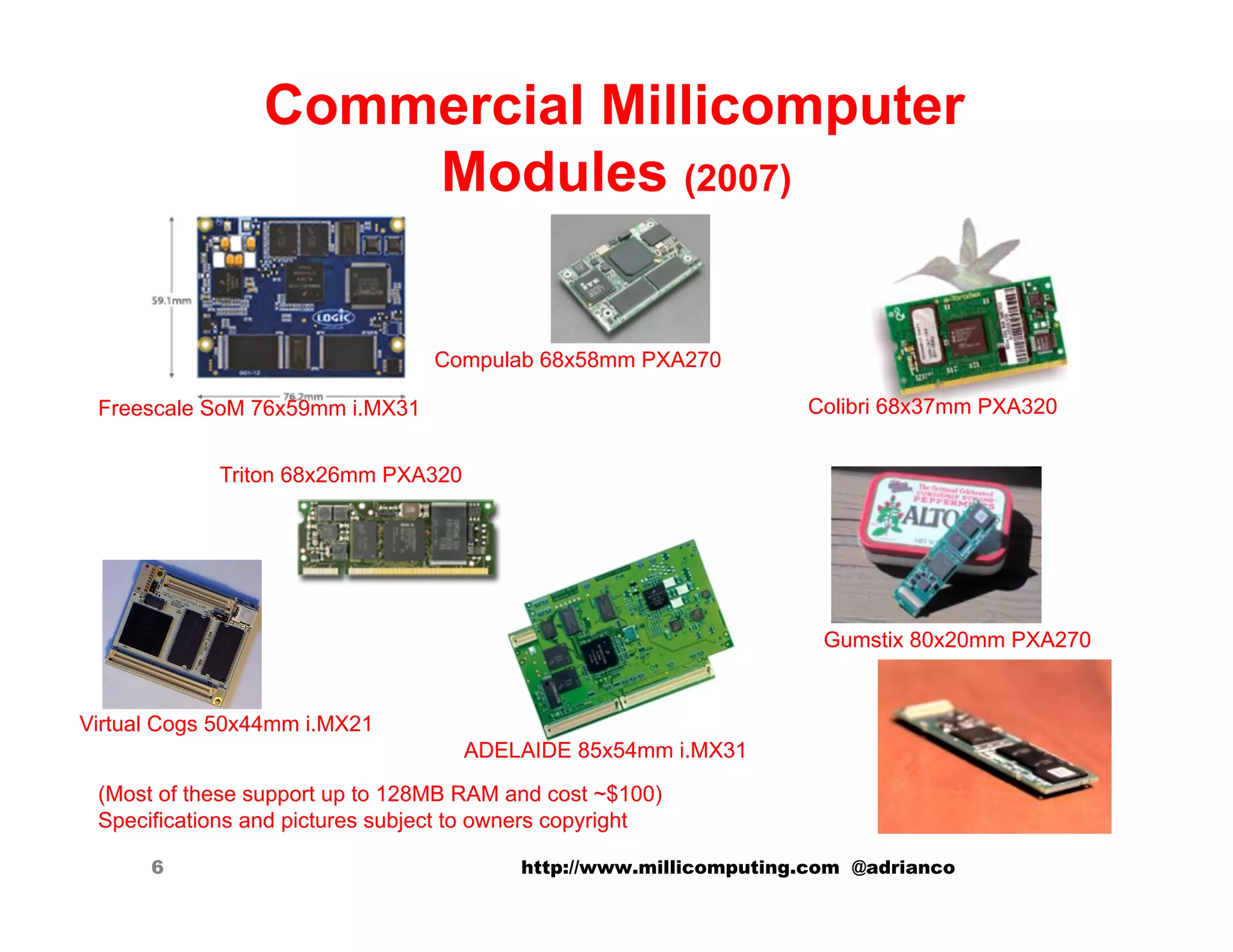Commercial Millicomputer
                     Modules (2007)


                                 Compulab 68x58mm PXA270

 Freescale SoM 76x59mm i.MX31                                      Colibri 68x37mm PXA320


            Triton 68x26mm PXA320




                                                                     Gumstix 80x20mm PXA270


Virtual Cogs 50x44mm i.MX21
                                    ADELAIDE 85x54mm i.MX31

 (Most of these support up to 128MB RAM and cost ~$100)
 Specifications and pictures subject to owners copyright

      6                                   http://www.millicomputing.com @adrianco
 
