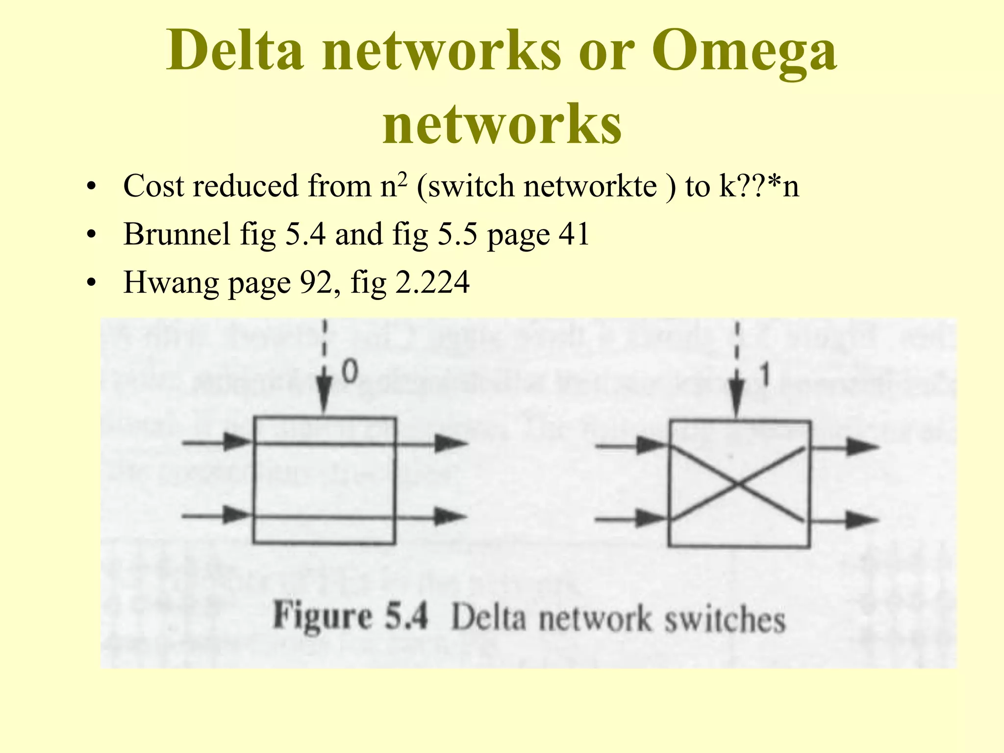 Delta networks or Omega
networks
• Cost reduced from n2 (switch networkte ) to k??*n
• Brunnel fig 5.4 and fig 5.5 page 41
• Hwang page 92, fig 2.224
 