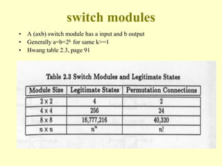 switch modules
• A (axb) switch module has a input and b output
• Generally a=b=2k for same k>=1
• Hwang table 2.3, page 91
 