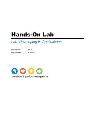 Hands-On Lab<br />Lab: Developing BI Applications<br />Lab version: 1.0.0<br />,[object Object], Contents   TOC    quot;
Heading 3,2,pp Topic,1,PP Procedure start,3quot;
 <br />Overview PAGEREF _Toc246727287  3<br />Exercise 1: Using the Charting Web Parts PAGEREF _Toc246727288  4<br />Exercise 2: Performing Analysis with Excel and Excel Services PAGEREF _Toc246727289  11<br />Exercise 3: Building a Dashboard with PerformancePoint Services PAGEREF _Toc246727290  23<br />Overview<br />Lab Time: 45 minutes<br />Lab Folder: C:tudentabs2_BI<br />Lab Overview: The purpose of this lab is to demonstrate the Business Intelligence (BI) capabilities of SharePoint Server 2010. You will begin by using the Chart Web Part to create graphical representations of data within SharePoint lists. Next, you will play the role of an analyst using Microsoft Excel 2010 to examine and data from SQL Server Analysis Services. After creating an Excel workbook that displays BI information, you will then publish the workbook with Excel Services to make it accessible to users using the browser. In the final exercise, you will work with a PerformancePoint Services site and the new Dashboard Designer to create a dashboard for the executive management team at Adventure Works.<br />In this lab, you will be working with sales data that has been generated from the AdventureWorks database. The screenshot below will give you an idea of how the AdventureWorks data on sales revenue spans across four years from 2001 to 2004 and is divided up between six different counties.<br /> <br />In exercise 1, you will display this data using the Chart Web Part pulling the data from standard SharePoint lists within a SharePoint site. Note that you can also use the Chart Web Part to pull data from external lists in scenarios where the data lives in backend databases and line of business applications. The main reason that exercise 1 focusing on the Chart Web Part does not use external data is to save time so you can move on the exercises with Excel Services and PerformancePoint as well.<br />In exercises 2 and 3, you will pull the same data from a cube served up by SQL Server 2008 Analysis Services. This lab assumes that SQL Server 2008 Analysis Services has been properly installed in your environment and that the AdventureWorks 2008 Analysis Services Project sample has been properly deployed.<br />Lab Setup Requirements<br />Before you begin this lab, you must run the batch file named SetupLab12.bat. This batch file creates two new site collections. The first site collection is created at http://intranet.contoso.com/sites/Lab12a and it has a blank site as its top-level site. You will use this site collection as you work on exercise 1 and exercise 2. The second site collection is created at http://intranet.contoso.com/sites/Lab_12b and it has a PerformancePoint site as its top-level site. You will use this site collection in Exercise 3. Also note that the batch file SetupLab12.bat calls a console application named BI_DataGenerator.exe which creates two lists titled Sales By Country and Sales By Year in the site you will use in exercise 1.<br />Exercise 1: Using the Charting Web Parts<br />In this exercise you will use the Chart Web Part to provide a simple way to provide charts on a Web Part page so that users can visualize data in native lists within a SharePoint site as well as external lists created with the BCS. For the sake of time, this exercise will use a SharePoint list but keep in mind that the techniques you learn to display charts using the Chart Web Part can also be based on data from backend systems. <br />If you haven’t already done so, run the batch file named SetupLab12.bat, found in the c:tudentabs2_BIfolder, to create the new site collection that will be used to test and debug the code you will be writing in this lab. This batch file creates a new site collection at an URL of http://intranet.contoso.com/sites/Lab12a and http://intranet.contoso.com/sites/Lab12b.<br />Using the browser, navigate to the site at http://intranet.contoso.com/sites/Lab12a.<br />In the Quick Launch, you should see that there are two lists that have been created in the site named Sales By Country and Sales By Year. Click on the links to quickly inspect the data inside.(Note: if the lists are missing run the BI_DataGenerator.exe located in c:tudentabs2_BI)<br />Figure  SEQ Figuur  ARABIC 1<br />The Sales By Country list<br />The Chart Web Part is part of the Enterprise Edition of SharePoint Server 2010. Therefore, you must activate a specific feature of the Enterprise Edition before you can use the Chart Web Part.<br />Select the Site Actions » Site Settings.<br />Inside the Site Collection Administration section of the Site Settings page, select Site collection features.<br />Activate the feature titled SharePoint Server Enterprise Site Collection features.<br />Navigate back to the Site Settings page using the breadcrumbs.<br />Inside the Site Action section of the Site Settings page, select Site features.<br />Activate the feature titled SharePoint Server Enterprise Site features. Note: Activation of these features is what makes the Chart Web Part available.<br />Click on the Home link on the Top Link navigation bar to return to default.aspx.<br />Add an instance of the Chart Web Part to default.aspx using the following steps.<br />Select Site Actions » Edit Page to place default.aspx into edit mode.<br />Click on the Add a Web Part button inside the Left Web Part Zone.<br />Select the Chart Web Part from the Business Data folder and click the Add button place it on the page.<br /> <br />Figure  SEQ Figuur  ARABIC 2<br />Add the Chart Web part<br />Once the Chart Web Part has been added to the page, you should see a link with the caption of Data & Appearance. Click on this link to launch a wizard that will allow you to select a data source.<br />Figure  SEQ Figuur  ARABIC 3<br />The Chart web part<br />Follow these steps to move through the wizard and connect the Chart Web Part to a SharePoint list as its data source.<br />On the first page of the wizard, click the link Connect chart to data.<br />Now select a data source. Choose Connect to a List and click Next. <br />The next page asks you to pick a site and a list. Leave the current site as the selected site and make sure Sales by Country is selected as the target list. Click Next.<br /> <br />Figure  SEQ Figuur  ARABIC 4<br />Configure the Chart web part<br />The next page shows you the data from the list but requires no action. Click Next.<br />The final step of the wizard allows you to bind your chart to the data. Fill out this page as shown in the screenshot below (these should all be default settings on this screen) and click Finish.<br /> <br />Figure  SEQ Figuur  ARABIC 5<br />Configure the Chart web part<br />At this point you should have a basic column chart. Now you need to convert it into a pie chart and make it look more polished. Click the Data & Appearance link again and do the following:<br />On the first page of the wizard click Customize Your Chart.<br />The next page allows you to pick a chart type. Under Chart Type Categories select Pie. Select the 2D Chart Types tab and select the first chart type with the caption of Pie. Click Next.<br /> <br />Figure  SEQ Figuur  ARABIC 6<br />Configure the Chart web part<br />The next page allows you to change visual aspects of the chart. Change the Chart Width from 300px to 800px. Change the Chart Height from 300px to 400px. Click Next.<br />On the next page, click the checkbox which reads Show Legend. Add a legend title of quot;
Sales By Country”.<br /> <br />Figure  SEQ Figuur  ARABIC 7<br />Configure the Chart web part<br />Click Finish to complete the wizard and to see the chart which should look like the one shown below.<br /> <br />Figure  SEQ Figuur  ARABIC 8<br />Sales By Country Pie Chart<br />Now you will add a second instance of the Chart Web Part to default.aspx so you can also chart the sales data inside the Sales by Year list.<br />Select Site Actions » Edit Page command to place default.aspx into edit mode.<br />In the Left Web Part Zone click on the Add Web Part button.<br />Select the Chart Web Part from the Business folder and click the Add button place it on the page.<br /> <br />Figure  SEQ Figuur  ARABIC 9<br />Add another Chart web part<br />At this point the new Chart Web Part instance should appear above the Pie Chart Web Part you created earlier.  Now configure this following these directions:<br />Click on the Data & Appearance link on new Chart Web Part instance so you can select a data source.<br />On the first page of the wizard, click the link which reads Connect Chart To Data.<br />The next page asks you to select a data source. Choose Connect to a List and click Next.<br />The next page asks you to pick a site and a list. Leave the current site as the selected site and select Sales by Year as the target list. Click Next.<br />The next page shows you the data from the list but requires no action. Click Next.<br />The next and final step of the wizard allows you to bind your chart to the data. Fill out this page as the screenshot shown below and click Finish.<br /> <br />Figure  SEQ Figuur  ARABIC 10<br />Configure the Chart web part<br />At this point you should have a basic column chart. Now you need to convert it into a line chart and make it look more polished. Click the Data & Appearance link again and follow these steps.<br />On the first page of the wizard click Customize Your Chart.<br />The next page allows you to pick a chart type. Under Chart Type Categories select Line. Select the 2D Chart Types tab and select the chart type with the caption of Line with no Margin and click Next.<br />Figure  SEQ Figuur  ARABIC 11<br />Configure the Chart web part<br />The next page allows you to change visual aspects of the chart. Change the Chart Width from 300px to 800px. Change the Chart Height from 300px to 400px. Click Next.<br />On the next page, click the checkbox which reads Show Legend. Add a legend title of quot;
Sales By Country”<br />Figure  SEQ Figuur  ARABIC 12<br />Configure the Chart web part<br />Click Finish to complete the wizard and to see the chart which should look like the one shown below.<br />Figure  SEQ Figuur  ARABIC 13<br />The configured Sales By Country Line Chart web part<br />In this exercise you added and customized two Chart Web Parts on the SharePoint site based on data in a SharePoint list.<br />Exercise 2: Performing Analysis with Excel and Excel Services<br />In this exercise you will work with the Microsoft Office Excel 2010 client application. Throughout this exercise you will utilize the Excel client integration points in SharePoint sites and Excel Services. <br />In the browser, navigate to the site at http://intranet.contoso.com/sites/Lab12a.<br />Select Site Actions » Site Settings.<br />Inside the Site Collection Administration section of the Site Settings page, select Site collection features.<br />Activate the feature titled Open Documents in Client Applications by Default.(Note: without this activated Excel files will default to opening with the web display rather than the client application).<br />Create a new document library named Excel Workbooks so you have a location to publish Excel workbooks.<br />Select Site Actions » New Document Library.<br />Name the document library Excel Workbooks and configure it to have a Document Template of type Microsoft Excel spreadsheet. Click the Create button.<br />At this point, you should be at the page with the default view for the Excel Workbooks document library. Click on the Documents tab in the contextual Library Tools menu of the ribbon. Then click on the New Document button. This should launch the Excel 2010 client and give you a new empty workbook as a starting point. <br /> <br />Figure  SEQ Figuur  ARABIC 14<br />Add a new document<br />(Note: if this does not open the document in the Excel windows application. Open Excel directly from your Start menu» All Programs » Microsoft Office » Microsoft Excel 2010)<br />Now it is time to begin work inside the new workbook. Starting in cell B:3, create a simple set of Adventure Works sales data from which you can create a pie chart. Make one column on the left with country names. Make a second column on the right with Sales figures for these countries. Use the following screenshot to fill in the sample data. Also add a title to cell B:2 and do a little formatting work to make the title stand out.<br /> <br />Figure  SEQ Figuur  ARABIC 15<br />The AdventureWorks Sales data<br />Now create a chart from this data.<br />Select a range of cells which includes both columns of data.<br />Up on the ribbon, select the Insert tab.<br />Drop down the Pie menu and select the first Pie chart.<br /> <br />Figure  SEQ Figuur  ARABIC 16<br />Add a Pie Chart<br />Once you have created the chart, you will need to resize and relocate it. Spend about 60 seconds trying to make the workbook as a whole look as pretty as possible. <br /> <br />Figure  SEQ Figuur  ARABIC 17<br />The Pie chart for the AdventureWorks Sales data<br />Now save your work using the standard Excel Save command. Make sure you save the new workbook in the Excel Workbooks document library (i.e. http://intranet.contoso.com/sites/Lab12a/Excel%20Workbooks/) with a name of AdventureWorksSales.xls.<br />Over the next few steps, you will publish the workbook into Excel Services. However, this step has been added to give you an understanding of trusted file locations. While you will not be required to take any actions to configure trusted file locations in this lab exercise, you can follow these steps so you can see where and how trusted file locations are configured.<br />Go to Start » All Programs » Microsoft SharePoint 2010 Products » SharePoint 2010 Central Administration.<br />In the Application Management section, click Manage service applications.<br />Click on the link titled Excel Services Application. Doing this brings you to a page where you can configure the service application.<br />Click on the Trusted File Locations link.<br />On your VM, you should see that there is already a trusted file location configured with an URL of http://. Click on this trusted file location so you can see its configured settings. Note that the checkbox with the caption of Children Trusted is checked. If you scroll down to the External Data section, you can see there is a property named Allow External Data with a setting value of Trusted data connection libraries and embedded. This allows users to publish workbooks with both kinds of data connections.<br />Figure  SEQ Figuur  ARABIC 18<br />Configure a trusted location<br />There has been nothing for you to do in these last few steps other than observe because the VM you are using already has a trusted file location that will allow you to do your work. However, while Excel Services by default allows users to publish Excel workbooks anywhere in the farm using any type of connection, do not assume this will always be the case. In secure environments, the IT staff will remove this default trusted file location and only add trusted file locations at a much narrower scope and not allow for embedded connections.<br />Now you will publish the workbook to Excel Services using the following steps.<br />Select the File button (i.e. the green button at the top-left of the screen)<br /> <br />Figure  SEQ Figuur  ARABIC 19<br />The File button<br />In the left column, click on Save & Send.<br />In the middle column click on Save to SharePoint.<br />In the right column click the Current Location of Excel Workbooks (see image below).<br /> <br />Figure  SEQ Figuur  ARABIC 20<br />Publish to Excel Services<br />Click Save As<br />The Save As dialog appears. Note that, unlike the usual Save As dialog, this dialog has a button in the bottom section with the caption Publish Options…. Click this button to display the Excel Services Publish Options dialog.<br />Figure  SEQ Figuur  ARABIC 21<br />Publish the Excel workbook to SharePoint<br />In the Show tab, change the value of the dropdown list from Entire Workbook to Sheets. Unselect Sheet2 and Sheet3 so that only Sheet1 is published. Click OK to save your changes and dismiss the Excel Services Options dialog.<br /> <br />Click Save in the Save As dialog to publish the workbook to Excel Services. If you receive a prompt asking you if you want to overwrite the existing file, confirm by clicking OK. After you complete this step Excel will begin the publishing process. If this is the first time Excel Services has been started on your VM, it may take a minute to complete. When the publishing process is completed, you should now see your workbook inside the browser.<br />Figure  SEQ Figuur  ARABIC 22<br />Open the workbook in the SharePoint site<br />Now it is time to create a second Excel workbook to publish to Excel Services. This example will involve pulling data from a data source using a connection to SQL Server.<br />Navigate back to the Excel Workbooks document library.<br />Click on the Documents tab in the contextual Library Tools menu of the ribbon.<br />Click on the New Document button. This should launch the Excel 2010 client and give you a new empty workbook as a starting point. <br />From within Excel, Save the workbook back to the document library with a name of PivotTable. (Note that this step is asking you to initially save the workbook which will use the standard Excel Save As command and not the Excel Services Publishing option.)<br />Now it’s time to create a new PivotTable Report based on a cube that has been created from the Adventure Works database to track Internet sales figures. Begin by creating a data source to point to SQL Server.<br />Inside Excel, make sure Sheet1 is the active worksheet and that A:1 is the selected as the active cell.<br />In the ribbon, select the Data Tab<br />In the Get External Data group, click on the drop-down with the caption From Other Sources.<br />Choose From SQL Server from the dropdown list.<br />For server name, enter demo2010a. Choose the Next button.<br />Make sure that the drop-down says Adventure Works DW 2008 R2 and that the Connect to a specific cube or table checkbox is checked. Select the cube named Adventure Works in the list control and click Next.<br /> <br />Figure  SEQ Figuur  ARABIC 23<br />The Data connection wizard<br />The final screen will have a caption of Save Data Connection File and Finish. <br />Change the File Name to AdventureWorksCube.odc.<br />Change the Description to A connection point to the AW cube <br />Change the Friendly Name to Adventure Works Cube. <br /> <br />Figure  SEQ Figuur  ARABIC 24<br />The Data Connection wizard<br />Click on the button at the Authentication Settings… button at the bottom to display the Excel Services Authentication Settings dialog.<br />In the Excel Services Authentication Settings dialog, note that the connection is set to use Windows Authentication. Click OK.<br />Click Finish to complete the Data Connection Wizard. If you get prompted that a file for that connection already exists, simply click yes.<br />Now you should be prompted by Excel to select how you wish to view the data in the Import Data dialog. Make sure that PivotTable Report is selected. Select OK.<br />  <br />Figure  SEQ Figuur  ARABIC 25<br />Excel Services Import Data Settings<br />At this point, the connection has now been established between the workbook and the Adventure Works cube and you are ready to begin your work configuring a Pivot table.<br />  <br />Figure  SEQ Figuur  ARABIC 26<br />Creating a pivot table<br />Now turn your attention to the PivotTable Field List inside the task pane on the right side of the screen. Locate the dropdown list right under the caption Show fields related to. This allows you to select a measure group. Select Internet Sales from the dropdown list. Inside the Internet Sales measure group, locate the set of items under Σ Internet Sales. Select the checkbox next to Internet Sales Amount which will add the Internet Sales Amount measure to the PivotTable report.<br /> <br />Figure  SEQ Figuur  ARABIC 27<br />The pivot table Fields list<br />Scroll down the list of fields and locate the Customer section. Check the checkbox next to Customer Geography to add its hierarchy to the rows of the PivotTable report.<br /> <br />Figure  SEQ Figuur  ARABIC 28<br />Add the Customer Geography<br />Scroll down the list of fields and locate the Date folder. Locate and expand the inner folder named Calendar. Check the checkbox for Date.Calendar.<br /> <br />Figure  SEQ Figuur  ARABIC 29<br />Add the Date.Calendar<br />At this point, your PivotTable Report should look something like this.<br />    <br />Figure  SEQ Figuur  ARABIC 30<br />The PivotTable report<br />Creating a filter to drill down on data from 2002 by using the drop-down in the cell marked Column Labels to filter the Calendar Date Hierarchy. You can create this filter to only show Calendar Year (CY) 2006 by un-checking CY 2005, CY 2007, CY 2008 and CY 2010.<br /> <br />Figure  SEQ Figuur  ARABIC 31<br />Create a filter<br />Now you must drill down into monthly sales figures for 2006. Right-click on CY 2006 in the PivotTable and select Expand/Collapse » Expand to Month.<br />Now you are required to hide columns that show totals so only monthly totals show.<br />Right click on January 2006 within the PivotTable and click on Show/Hide Fields » Calendar Year which will toggle that column to a hidden state.<br />Right click on January 2006 a second time and this time select Show/Hide Fields » Calendar Semester to hide the totals column for Calendar Semester. <br />Right click on January 2006 a third time and select Show/Hide Fields » Calendar Quarter to hide the totals column for Calendar Quarter.<br />You should now see a PivotTable Report that looks like the one below.<br /> <br />Figure  SEQ Figuur  ARABIC 32<br />The PivotTable report<br />Now it’s time to create Sparklines to compliment the PivotTable Report.<br />Copy the names of the countries in cells [A3:A8] and paste them into cells [A12:A17].<br />Select cells [B12:B17].<br />In the ribbon, go to the Insert tab. Select Line from the Sparklines group.<br />In the dialog box, select the data of the PivotTable – [B3:M8].<br />Click OK.<br />Now format the Sparklines to add a high point marker and a low point marker.<br />In the ribbon, go to the Sparkline Tools Design tab and locate the Marker Colors button which has the icon with four colored squares.<br />Select Marker Colors » High Point and select a color of Green.<br />Select Marker Colors » Low Point and select a color of Yellow.<br />You Sparklines should appear as the ones below.<br /> <br />Figure  SEQ Figuur  ARABIC 33<br />The Sparklines graph<br />Now publish the workbook.<br />Select the File button (i.e. the green button at the top-left of the screen).<br />In the left column, click on Save & Send.<br />In the middle column click on Save to SharePoint.<br />In the right column click Current Location section Excel Workbooks http://intranet.contoso.con/sites/Lab12a/Excel%20Workbooks (Note: this should be the default location).<br />Click Save As<br />The Save As dialog appears. Click OK to publish your workbook to the Excel Workbook document library. (Note: If prompted to overwrite the existing file click Yes.)<br /> <br />Figure  SEQ Figuur  ARABIC 34<br />Publish the Excel workbook to SharePoint<br />Exercise 3: Building a Dashboard with PerformancePoint Services<br />In this exercise you will use the Dashboard Designer to create a KPI, a scorecard and a report from the same SQL Service Analysis Services cube that you used in the previous exercise. You will then create a dashboard that assembles all these pieces onto a single page and then you will deploy the dashboard to a SharePoint site.<br />You will begin by using Central Administration to make a change to the PerformancePoint Services configuration setting.<br />Launch Central Administration: Start » Program Files » Microsoft SharePoint 2010 Products » SharePoint 2010 Central Administration.<br />Inside the Application Management section, find and click the Manage service applications link.<br />Look down the list of managed service applications and click on the one titled PerformancePoint Service Application. This will bring you to the main configuration page for PerformancePoint Services.<br />Click on the link titled PerformancePoint Service Application Settings.<br /> <br />Figure  SEQ Figuur  ARABIC 35<br />Configure PerformancePoint Service Application Settings<br />You should now be at the PerformancePoint Services Settings page as shown in the following screenshot. Look down the page to get an idea of the types of settings that are tracked by PerformancePoint Services. The one thing you need to do on this page is to change the User Name setting inside the Secure Store and Unattended Service Account section. If the User Name is already set to CONTOSOdministrator, you do not have to do anything. If the User Name is set to something else, configure the User Name as CONTOSOdministrator and use a password of pass@word1.<br />Figure  SEQ Figuur  ARABIC 36<br />Configure an Unattended Service Account<br />Click the OK button on the PerformancePoint Services Settings page to save changes.<br />You are now done with Central Admin.<br />Using the browser, navigate to the site created at http://intranet.contoso.com/sites/Lab12b. Note that this site has been created from the special site template created by the PerformancePoint Services template.<br /> <br />Figure  SEQ Figuur  ARABIC 37<br />The SharePoint site created using the PerformancePoint Services template<br />Click the Run Dashboard Designer button to launch the Dashboard Designer application.(Note: if you receive a security warning about this application click Run)<br /> <br />Figure  SEQ Figuur  ARABIC 38<br />The Dashboard Designer<br />Create a new data source to a SQL Server Analysis cube.<br />Right-click on the Data Sources folder on the left-hand side of the page and select New Data Source to bring up the Select a Data Source Template dialog.<br />In the Select a Data Source Template dialog, select the Multidimensional category and then the Analysis Services template and then click OK.<br /> <br />Figure  SEQ Figuur  ARABIC 39<br />The Select a Data Source Template dialog<br />Once the data source has been created, rename it to AdventureWorks in the left pane.<br /> <br />Figure  SEQ Figuur  ARABIC 40<br />The Workspace browser<br />Now you will configure the connection for this data source. Select the Editor tab in the Workspace on the right-hand side of the screen, go through the following steps to configure the connection for the AdventureWorks data source.<br />Select the Use Standard Connection option in Connection Settings.<br />In the Server text box type the server name demo2010a.<br />Click on the Database drop down box and select Adventure Works DW 2008R2.<br />Click on the Cube drop down box and select Adventure Works from the list of options.<br />Under Authentication, leave the default setting of Unattended Service Account.<br />Click on the Test Data Source button to verify all the connection settings.<br />Figure  SEQ Figuur  ARABIC 41<br />The AdventureWorks data source settings<br />Click on the Time tab in the Workspace and follow these steps. <br />Figure  SEQ Figuur  ARABIC 41<br />The AdventureWorks Time Tab Settings<br />In the Reference Data Mapping section, click the down arrow of the Time dimension dropdown list and select Date.Date.Calendar.<br />In the Reference Member section click on the Browse button which will bring up the Select Members dialog. Expand the All Periods node, then the CY 2006 node, then the H1 CY 2006 node, then the Q1 CY 2006 node, then the January 2006 node, and select the January 1, 2006 node and click OK.<br /> <br />Figure  SEQ Figuur  ARABIC 42<br />The Reference Member section<br />For the Hierarchy level select a value of Day.<br />In this step you will set a reference date. This is required because the AdventureWorks database does not have data through the current time period. Enter a data of 1/1/2010 so that the first day of 2010 maps to the first day of 2006. In later steps, this will allow you to see values to things such as month-to-date sales figures as if it were 2006.<br /> <br />Figure  SEQ Figuur  ARABIC 43<br />The Reference Data Mapping<br />In the Time Member Associations section, map the appropriate time aggregations by assigning the following Member Level settings to the corresponding Time Aggregation values.<br />Calendar Year: Year<br />Calendar Semester: Semester<br />Calendar Quarter: Quarter<br />Month: Month<br />Date: Day<br />Figure  SEQ Figuur  ARABIC 44<br />The Member Associations<br />Right-click on the AdventureWorks data source in the Workspace Browser and click Save to save your work.<br />Now you will create your first KPI.<br />Right-click on the Dashboard Content node in the Workspace Browser. Expand the New option and select the KPI option.<br /> <br />Figure  SEQ Figuur  ARABIC 45<br />Configure the Dashboard content<br />Select Blank KPI and click OK<br />In the Workspace click on the Editor tab.<br />Observe that in the Actual and Targets section there are already two indicator rows. The first is indicator row an actual indicator with a default name of Actual and the other is a target indicator with a default name of Target.<br />Right-click on the new KPI inside the Workspace Browser and click the Save command. Then right-click on the new KPI and rename it to Performance.<br />Modify the Actual indicator to track month-to-date performance. <br />Click inside the Name column replace with text Actual with the text MTD.<br />Click in the Data Mappings cell which as a value of quot;
1 (Fixed Values)quot;
. The Fixed Values Data Source Mapping dialog will appear. <br />Click on the Change Source... button. The Select a Data Source dialog will appear.<br />Select the Workspace tab inside the Select a Data Source dialog.<br />Locate and select the AdventureWorks data source.<br /> <br />Figure  SEQ Figuur  ARABIC 46<br />The AdventureWorks data source<br />Click OK. The Dimensional Data Source Mapping dialog will take focus. In the Select a measure drop down box, select the Reseller Sales Amount measure.<br />In the Select Dimension section, click the New Time Intelligence Filter button and the Time Formula Editor dialog will appear. In the Time Formula text box, type in the text MonthToDate. Click the Preview button to ensure the formula looks like [Date].[Calendar].[March2006 to Date by Day].<br /> <br />Figure  SEQ Figuur  ARABIC 47<br />Time Formula Editor<br />Click OK to accept changes and dismiss the Time Formula Editor dialog<br />Click OK again to accept changes and dismiss the Dimensional Data Source Mapping dialog.<br /> <br />Figure  SEQ Figuur  ARABIC 48<br />The Dimensional Data Source Mapping dialog<br />In the Number Format column of the MTD indicator, click the quot;
(Default)quot;
 text. The Format Numbers dialog will appear. In the Format dropdown box select Currency and then click OK.<br /> <br />Figure  SEQ Figuur  ARABIC 49<br />The workspace<br />Save your work by right-clicking the Performance KPI and clicking Save.<br />Create a second actual indicator to track quarter-to-date performance. Many of the steps here will be identical to what you did when configuring the first actual indicator.<br />In the Workspace pane, click on the New Actual button to create a new actual indicator.<br />Click inside the Name column replace with text Actual with the text QTD.<br />Click in the Data Mappings cell which as a value of quot;
1 (Fixed Values)quot;
. The Fixed Values Data Source Mapping dialog will appear. <br />Click on the Change Source... button. The Select a Data Source dialog will appear.<br />Select the Workspace tab inside the Select a Data Source dialog.<br />Locate and select the AdventureWorks data source.<br />Click OK. The Dimensional Data Source Mapping dialog will appear.<br />In the Select a Measure drop down box, select the Reseller Sales Amount measure<br />In the Select Dimension section, click the New Time Intelligence Filter button and the Time Formula Editor dialog will appear.<br />In the Time Formula text box, type in the text QuarterToDate. Click the Preview button to ensure the formula looks like [Date].[Calendar].[Q1 CY 2006 to Date by Day].<br />Click OK to accept changes and dismiss the Time Formula Editor dialog<br />Click OK again to accept changes and dismiss the Dimensional Data Source Mapping dialog.<br />In the Number Format column of the QTD indicator, click the quot;
(Default)quot;
 text. The Format Numbers dialog will appear. In the Format dropdown box select Currency and then click OK.<br /> <br />Figure  SEQ Figuur  ARABIC 50<br />The result<br />Create a third actual indicator to track year-to-date performance. <br />In the Workspace pane, click on the New Actual button to create a row for a new actual<br />Click inside the Name column replace with text Actual with the text YTD.<br />Click in the Data Mappings cell which as a value of quot;
1 (Fixed Values)quot;
. The Fixed Values Data Source Mapping dialog will appear. <br />Click on the Change Source... button. The Select a Data Source dialog will appear.<br />Select the Workspace tab inside the Select a Data Source dialog.<br />Locate and select the AdventureWorks data source.<br />Click OK. The Dimensional Data Source Mapping dialog will appear.<br />In the Select a Measure drop down box, select the Reseller Sales Amount measure<br />In the Select Dimension section, click the New Time Intelligence Filter button and the Time Formula Editor dialog will appear.<br />In the Time Formula text box, type in the text YearToDate. Click the Preview button to ensure the formula looks like [Date].[Calendar].[CY 2006 to Date by Day].<br />Click OK to accept changes and dismiss the Time Formula Editor dialog<br />Click OK again to accept changes and dismiss the Dimensional Data Source Mapping dialog.<br />In the Number Format column of the QTD indicator, click the quot;
(Default)quot;
 text. The Format Numbers dialog will appear. In the Format dropdown box select Currency and then click OK. At this point, your screen should look like this:<br />Figure  SEQ Figuur  ARABIC 51<br />The result<br />Modify the Target indicator to track target amount for the year.<br />Click the Name column and change the indicator name from Target to Target for the year.<br />In the Compare To column click on the drop down box and select the YTD actual indicator. <br />Click on the Number Format column and choose Currency formatting.<br />In the Data Mappings column select the “1 (Fixed values)quot;
 text. The Fixed Values Data Source Mapping dialog will appear. <br />Click the Change Source... button. The Select a Data Source dialog will appear.<br />Select the Calculated Metrics tab and then select the Blank Calculation template. Click OK.<br /> <br />Figure  SEQ Figuur  ARABIC 52<br />The Calculated Metrics Data Source Mapping dialog<br />Select the Value2 row and click the Delete button to remove it.<br />Click on the Name Value1 and change its value to LastYearSales.<br />Click on the Source text quot;
1 (Fixed values)quot;
. The Fixed Values Data Source Mapping dialog will appear.<br />Click Change Source button. The Select a Data Source dialog will appear.<br />Click on the Workspace tab. Select the AdventureWorks data source and click OK. Now the Dimensional Data Source Mapping dialog will appear.<br />Expand the Select a Measure drop down box and select Reseller Sales Amount.<br />In the Select a dimension section, click the New Time Intelligence Filter button. The Time Formula Editor dialog will appear.<br />In the Time Formula text box type the formula Year-1. Click the Preview button to ensure that a valid formula is returned such as [Date].[Calendar].[Calendar Year].&[2005].<br /> <br />Figure  SEQ Figuur  ARABIC 53<br />The Time Formula editor<br />Click OK to save your changes and dismiss the Time Formula Editor dialog.<br />Click OK to save your changes and dismiss the Dimensional Data Source Mapping dialog<br />At this point, you should be back at the Calculated Metrics Data Source Mapping dialog. Locate the Formula text box and type LastYearsSales*1.25. <br /> <br />Figure  SEQ Figuur  ARABIC 54<br />The Calculated metrics Data Source Mapping dialog<br />Click OK to save your changes and dismiss the Calculated Metrics Data Source Mapping dialog.<br />Within the Workspace View, make sure target indicator named Target for the year as shown in the screenshot below. Look below in the Thresholds section and you should see target values for Best, Threshold 2, Threshold 1 and Worst. Change the Best threshold to 135% and change the Threshold 2 threshold to 85%. Leave the other two thresholds at their default values.<br />Figure  SEQ Figuur  ARABIC 55<br />The Workspace View<br />Right-click the Performance KPI in the Workspace Browser pane and click Save.<br />Now, you will move on to create a scorecard to expose your KPI.<br />Right-click on the Dashboard Content node in the Workspace Browser pane. Expand the New node and select Scorecard to create a new scorecard. The Select a Scorecard Template dialog will appear. Uncheck the Use wizards to create scorecards and click OK.<br />Click on the Properties tab in the Workspace pane. In the General Properties section select the Name text box and replace the name New Scorecard with Performance By Country.<br />Right click on the Performance By Country scorecard in the Workspace Browser pane and select Save.<br />Click on the Editor tab in the Workspace pane. Locate the Details pane on the right-hand side of Dashboard Designer. Inside the Details pain, expand the KPIs node until you locate the Performance KPI. Left-click and drag the Performance KPI to the Performance By Country scorecard designer area to the left that is labeled Drop items here.<br />Figure  SEQ Figuur  ARABIC 56<br />The Dashboard Designer<br />Up in the ribbon, select the Edit tab of Dashboard Designer. Inside the Edit tab within the View group, locate and click the Update button. The Performance KPI should render displaying data in each of the cells.<br /> <br />Figure  SEQ Figuur  ARABIC 57<br />The Dashboard Designer<br />Locate the Data Source pane in the bottom right side of Dashboard Designer and make sure the AdventureWorks data source is selected in the dropdown list.(Note: if the only choice here is No Source, you should go to the Workspace Browser on the left side of the screen and select (i.e. click on) something else and then re-select Performance By Country to fix this situation). <br /> <br />Figure  SEQ Figuur  ARABIC 58<br />Locate the Data Source pane<br />Expand the Dimensions node in the Details pane and locate the Geography dimension.<br /> <br />Figure  SEQ Figuur  ARABIC 59<br />The Details pane<br />Drag the Geography Dimension into the Workspace and release it when the right side of the Performance cell is highlighted (Note: you should see a pop-up box that displays the words “Last child”). The Select Members dialog will appear.<br />Figure  SEQ Figuur  ARABIC 60<br />The Details pane<br />Right click the All Geographies member. Expand the Autoselect Members menu. Click the menu item with the caption “Select Country” and click OK<br />Figure  SEQ Figuur  ARABIC 61 <br />The Autoselect Members menu<br />Up in the ribbon, select the Edit tab of Dashboard Designer. Inside the Edit tab within the View group, locate and click the Update button. The Performance KPI should render displaying data in each of the cells (Note: you may only have data for a couple of countries depending on the year that was selected (e.g. 2006 data is only available for Canada and the United States).)<br />Figure  SEQ Figuur  ARABIC 62<br />The Dashboard Designer- Sample data shown here (Note: this may likely not be the same data that you are seeing on your screen)<br />Now you will create a Report which displays a chart. <br />In the Workspace Browser pane, right click on the Dashboard Content node, expand the New menu and select Report. The Select a Report Template dialog appears.<br />Select the Analytic Chart Report template and click OK. <br />In the Select a Data Source dialog box, on the Workspace tab, select AdventureWorks underneath Data Sources and click Finish.<br />In the Workspace select the Properties tab. In the General Properties section locate the Name text box and type in quot;
Performance By Yearquot;
.<br />Right click on the Performance By Year report and click Save.<br />In the Workspace Browser pane, ensure that the Performance By Year report is selected. Click the Design tab in the Workspace pane.<br />In the Details pane on the right-hand side of the screen, expand the Measures node.<br />Locate the Reseller Sales Amount measure and drag and drop in into the Bottom Axis.<br />Collapse the Measures node in the Details pane and expand the Dimensions node.<br />Within the Geography dimension, locate the Country dimension. Drag and drop the Country dimension to the Series axis.<br />Up in the ribbon, select the Edit tab. Drop down the Report type button and select the Pie Chart option.<br />Figure  SEQ Figuur  ARABIC 63<br />Select the Report type button on the Edit tab<br />Right click on the Performance By Year report and click Save.<br />Now, it’s time to create a dashboard.<br />In the Workspace Browser pane, right click the Dashboard Content node, expand the New menu and select the Dashboard object. The Dashboard Page Template dialog will appear.<br />Select the 2 Column template and click OK.<br /> <br />Figure  SEQ Figuur  ARABIC 64<br />The Dashboard Page Template dialog<br />Using the dashboard’s Properties tab, rename the new dashboard to Performance Dashboard and save your work.<br />Now it’s time to configure the dashboard.<br />In the Workspace Browser pane, ensure that Performance Dashboard is selected.<br />In the Workspace, select the Editor tab.<br />Inside the Pages section you should see a single page named Page1. Rename this page to Performance.<br />In the Details pane, expand the Scorecards node until you locate the Performance by Country scorecard. Drag and drop the Performance By Country scorecard on the Right Column zone of the dashboard designer.<br />In the Details pane, collapse the Scorecards node and expand the Reports node.<br />Locate the Performance By Year report. Drag and drop the Performance By Year report into the Left Column zone.<br /> <br />Figure  SEQ Figuur  ARABIC 65<br />Configure the Performance Dashboard<br />Right-click on Performance Dashboard and click Save.<br />In the Workspace Browser pane, right click the Untitled Workspace node. Select the Save option. In the File Name text box type in quot;
PPS Labquot;
 and click Save.<br />Now (finally!), it is time to deploy what you have done into SharePoint.<br />In the Workspace Browser pane, right click Performance Dashboard and select the Deploy to SharePoint... option.<br /> <br />Figure  SEQ Figuur  ARABIC 66<br />The Workspace browser<br />The Deploy To dialog will open and ask you to select one the of the document libraries in the site at http://intranet.contoso.com/sites/Lab12b. Select the Dashboards document library and ensure that the Master Page selected is quot;
v4quot;
. Click OK.<br /> <br />Figure  SEQ Figuur  ARABIC 67<br />The Deploy To dialog<br />An Internet Explorer window should open and will render the dashboard.<br /> <br />Figure  SEQ Figuur  ARABIC 68<br />The finished Dashboard<br />(Note: this is a sample picture and may not accurately represent exactly what you are seeing on your screen (i.e. your actual data may be different).<br />In this exercise you used the PerformancePoint Dashboard Designer to create some new KPIs and add them to a scorecard in a SharePoint site.<br />