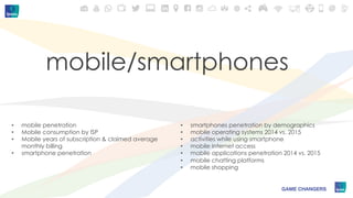 mobile/smartphones
•  mobile penetration
•  Mobile consumption by ISP
•  Mobile years of subscription & claimed average
mo...