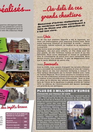 réalisés…

Au-delà de ces
…
grands chantiers

tions et
es réalisa
à
d’autr
ntribuent
Beaucoup
rvices co
ù
eux se
tractive o
de nombr
ne ville at
ives u
faire de D
vivre.
il fait bon

ogramme a été largement réalisé.
que très partiellement comme les
comme l’aménagement de la rue
ue notre ville a beaucoup changé

DIVES

on
ts

2013

ière

tion
n

DIVES

Innovante

Avec la CCED, nous venons d’acquérir les terrains d’Eurocel
pour y accueillir de nouvelles entreprises et créer de l’emploi.
Nous serons un des tout premiers territoires à recevoir la
fibre optique développée par le Conseil Général avec l’aide
du Conseil Régional. Nous avons soutenu le commerce local,
avec de très nombreuses animations et nous nous félicitons de
la création d’une nouvelle Union Commerciale. Avec la mise
en place de la réforme des rythmes scolaires, nous voulons
faire de l’école de la république la grande priorité de l’année
2013. La défense de l’environnement doit devenir davantage
une priorité de nos politiques.

tau
r
mé atio
ris n
ati
on

PLUS DE 3 MILLIONS D’EUROS

ation
de la
ru
nnev e
ille

Consacrés aux travaux de voirie

édiév

al.

des impôts locaux

Salle
6 un
’une
stion
aux.

Unie

Un de nos tout premiers objectifs a été le logement, qui
reste une préoccupation pour beaucoup d’entre-vous. Nous
avons beaucoup construit en favorisant la mixité : maison
individuelle, habitat collectif, en location ou en accession à
la propriété.
Nous avons aussi privilégié le cadre de vie avec des espaces
paysagers, des jeux pour enfants, un City stade pour les
plus grands, de très nombreux travaux en voirie et sur nos
bâtiments. Nous avons développé un travail en partenariat
avec le commissariat de police pour votre tranquillité. Nous
devons encore vous présenter le plan de déplacement ainsi
que le Jardin Médiéval du centre ville.

Montant en € de la dette par
habitant au 12 avril 2013
Dives sur Mer

747

Moyenne
départementale

825

Moyenne régionale

858

Moyenne nationale

881

Aménagements routiers autour de la Gare, rond-point de la
gare, rond point de la rue des Enfants de Dives, rénovation de la rue de la Pompe et du Chemin de Ber nières, parkings rue Edmond Loutrel et Ecole
Langevin, voirie des rues (Parmentier et Dieudonné Coste, Gaston Manneville, Blanche Canta,
de l’Hôtel de ville, de la Baronnie,
Hélène Boucher, d’Hasting, avenue Secrétan, Peupliers, Branly,
Avenue des résistants, Georges
Landry), réfection des trottoirs
(rue Octave Dodeman, des Escalettes), nouvelles voiries quartier
de Sarlabot, Pierre Semard, passages bateaux rue Louise Michel,
remise en état de la voie piétonne
Distillerie / Loutrel / Abbé Jouvin.

 