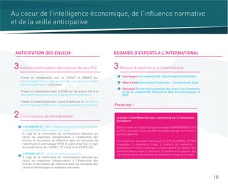 Au coeur de l’intelligence économique, de l’influence normative
et de la veille anticipative
3 Actions d’anticipation des enjeux liés aux TSC
2 Commissions de normalisation
3 Retours d’expérience à l’international
(Las Vegas) International CES - Electronique Grand Public
(New York)National Retail Federation – Commerce de détail
(Varsovie) Forum franco-polonais des acteurs de l’innovation
et de la compétitivité Rencontres B2B éco-technologies &
NTIC
L’AFNOR/CN 31 - RFID, codes à barres et autres techniques
d'identification automatique des objets
Il s’agit de la commission de normalisation française qui
réunit les expertises indispensables à l'élaboration des
normes et documents de référence dans les domaines de
l’identification automatique (RFID et codes à barres). Il s’agit
du comité miroir de l’ISO/IEC JTC1 SC31 et du CEN/TC225.
L’AFNOR/ CN 17 – cartes et systèmes associés
Il s’agit de la commission de normalisation française qui
réunit les expertises indispensables à l'élaboration des
normes et documents de référence dans les domaines des
cartes et technologies ou systèmes associées.
10
ANTICIPATION DES ENJEUX REGARDS D’EXPERTS A L’INTERNATIONAL
Travail en collaboration avec la CARSAT et l’ARACT sur
l’accompagnement au changement et l’exposition aux ondes
électromagnétiques – Livre blanc
Travail en collaboration avec le CD2E sur les enjeux liés à la
recyclabilité des puces et aux impacts environnementaux
Travail en collaboration avec Laure Draetta sur la perception
de la technologie RFID et sur les enjeux sociétaux et culturels Focus sur :
Le projet « SmartWater4Europe » sélectionné par la Commission
Européenne
Dans le cadre de l'appel à projets européen ENVIRONMENT 2013
du FP7, ce projet a été accueilli favorablement par la Commis-
sion Européenne.
Le consortium européen formé par le CITC-EuraRFID, 12 PME
innovantes, 3 opérateurs d’eau, 3 instituts de recherche, 1
entreprise et 1 centre technique, a pour objectif de réaliser des
démonstrateurs visant à optimiser et améliorer la gestion des
3,5 millions de km de réseaux de distribution d’eau en Europe.
 