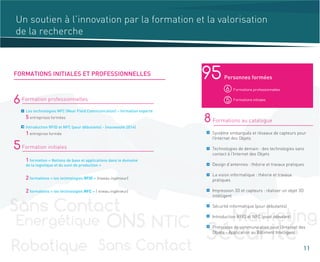 Un soutien à l’innovation par la formation et la valorisation
de la recherche
8
6
5
Formations au catalogue
Personnes formées95
Formations professionnelles6
5 Formations initialesFormation professionnelles
Formation initiales
Les technologies NFC (Near Field Communication) – formation experte
5 entreprises formées
Introduction RFID et NFC (pour débutants) - (nouveauté 2014)
1 entreprise formée
1 formation « Notions de base et applications dans le domaine
de la logistique et du suivi de production »
2 formations « les technologies RFID » (niveau ingénieur)
2 formations « les technologies NFC » ( niveau ingénieur)
FORMATIONS INITIALES ET PROFESSIONNELLES
11
Système embarqués et réseaux de capteurs pour
l’Internet des Objets
Technologies de demain : des technologies sans
contact à l’Internet des Objets
Design d’antennes : théorie et travaux pratiques
La vision informatique : théorie et travaux
pratiques
Impression 3D et capteurs : réaliser un objet 3D
intélligent
Sécurité informatique (pour débutants)
Introduction RFID et NFC (pour débutant)
Protocoles de communication pour l’Internet des
Objets - Application au Bâtiment Intelligent
 