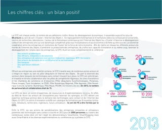 Le CITC voit chaque année, le nombre de ses adhérents croître. Acteur du développement économique, il rassemble aujourd’hui plus de
88 acteurs au sein de son « Cluster – Internet des Objets ». Ce regroupement d’entreprises et d’institutions liées à la connaissance (universités,
centres de recherches, laboratoires…) autour de la thématique numérique qu’est l’Internet des Objets (ou « Cluster ») favorise le développement
collectif des entreprises ainsi qu’une dynamique compétitive grâce aux mutualisations et aux économies d’échelle qu’elle suscite. La volonté de
coopération entre les entreprises et institutions de Cluster fait la force de notre économie. Afin de mettre en réseau les différents acteurs du
monde de l’Internet des Objets, d’améliorer la productivité des entreprises, de croître leur capacité d’innovation et du même coup, favoriser le
développement de l’emploi dans les entreprises, le CITC réunit en toute complémentarité et cohérence :
Offrant aux entreprises une visibilité certaine, le CITC travaille avec de nombreux autres acteurs et
s’intègre en région au sein du pôle Ubiquitaire et Internet des Objets. De part la diversité des
secteurs dans lesquels les technologies sans contact trouvent leur place, le CITC est sollicité par,
et travaille en étroite collaboration avec les pôles de compétitivité régionaux, les sites d’excellence
et les chambres de commerce et d’industries (Pôle Ubiquitaire, EuraTechnologies, Pictanovo,
Plaine Images, Tonic Incubation, le CD2E, Pôle Numérique Régional, Pôle Aquimer, Pôle Numé-
rique Culturel, la Serre Numérique, Pôle Maud, PICOM, CCI Grand Lille etc.).En 2013, le nombre
de partenariats et collaborations était de 15.
Le CITC est donc un centre d’expertises, de ressources et d’expérimentations reconnu. En effet,
au-delà de réunir les acteurs de l’écosystème pour favoriser les synergies, le CITC détient une
expertise technique pointue dans le domaine des technologies sans contact et de l’Internet des
Objets. En 2013, le centre d’innovation a étoffé son catalogue de formations par 8 nouvelles forma-
tions. Amateurs, techniciens, ingénieurs, futurs utilisateurs : ils ont été 95 a être formés par le
CITC.
Enfin le CITC, via ses actions de sensibilisations des entreprises innovantes et utilisateurs
potentiels des technologies sans contact a touché en 2013 plus de 3000 personnes au travers des
nombreuses visites dont ont fait l’objet les démonstrateurs Smarthome, SmartShopping mais
aussi SmartFabrik et les diverses expérimentations ou conférences qu’a pilotées le CITC.
Les chiffres clés : un bilan positif
2commissions
11interventions
expertes
adhérents
en 201388
conseils
expertises35
partenariats et collaborations
10 200
vues sur Scoopit
1516
actions de sensibilisation
+ de 3000personnes sensibilisées
2020 conférences
thématiques
personnes
formées
nouvelles formations
développées
9595
88
- Des acteurs académiques
- Des offreurs, intégrateurs de solutions
- Des utilisateurs de solutions tout secteur (industriel, logistique, BTP, ferroviaire
- Des acteurs du domaine de la certification et la normalisation
- Des banques
- Des opérateurs télécom
- Etc.
2
 