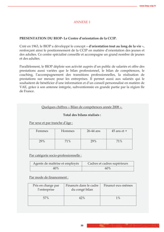 www.biop.ccip.fr




                                        ANNEXE 1



PRESENTATION DU BIOP- Le Centre d’orientation de la CCIP.

Créé en 1963, le BIOP a développé le concept « d’orientation tout au long de la vie »,
renforçant ainsi le positionnement de la CCIP en matière d’orientation des jeunes et
des adultes. Ce centre spécialisé conseille et accompagne un grand nombre de jeunes
et des adultes.

Parallèlement, le BIOP déploie son activité auprès d’un public de salariés et offre des
prestations aussi variées que le bilan professionnel, le bilan de compétences, le
coaching, l’accompagnement des transitions professionnelles, la réalisation de
prestations sur mesure pour les entreprises. Il permet aussi aux salariés qui le
souhaitent de bénéficier d’une information et d’un conseil personnalisé en matière de
VAE, grâce à son antenne intégrée, subventionnée en grande partie par la région Ile
de France.



               Quelques chiffres « Bilan de compétences année 2008 ».

                              Total des bilans réalisés :

      Par sexe et par tranche d’âge :

           Femmes             Hommes            26-44 ans       45 ans et +


             29%               71%                 29%             71%



      Par catégorie socio-professionnelle :

         Agents de maîtrise et employés         Cadres et cadres supérieurs
                     40%                                    60%

      Par mode de financement :

         Pris en charge par     Financés dans le cadre      Financé eux-mêmes
            l’entreprise            du congé bilan

                57%                       42%                      1%




                                           30
 