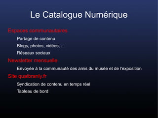 Le Catalogue Numérique
Espaces communautaires
    Partage de contenu
    Blogs, photos, vidéos, ...
    Réseaux sociaux
Ne...