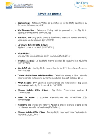 23
Revue de presse
 SophiaMag : Telecom Valley se penche sur le Big Data appliqué au
Tourisme (Décembre 2015)
 WebTimeMedias : Telecom Valley fait la promotion du Big Data
appliqué au tourisme (24/10/2015)
 MediaTIC Info : Big Data dans le Tourisme : Telecom Valley montre la
voie avec un livre blanc (20/10/2015)
 La Tribune Bulletin Côte d'Azur :
Big Data pour vous servir (16/10/2015)
 Nice-Matin :
Une journée internationale du m-tourisme (09/10/2015)
 WebTimeMedias : Le Big Data thème central de la journée m-tourisme
(09/10/2015)
 MediaTIC info : Le Big Data au centre de la 5ème Journée m-Tourisme
(08/10/2015)
 Centre Universitaire Méditerranéen : Telecom Valley – 5ème Journée
internationale m-tourisme sur le thème du Big Data (6 octobre 2015)
 PACA Ecobiz : 5ème Journée internationale du m-Tourisme : Big Data,
the next opportunity for tourism? (01/10/2015)
 Tribune Bulletin Côte d’Azur : Big Data, l’assurance touristes ?
(18/09/2015)
 Event in Riviera : Journée Internationale du m-Tourisme 2015
(09/09/2015)
 MediaTIC Info : Telecom Valley : Appel à projets dans le cadre de la
prochaine Journée m-Tourisme (23/08/2015)
 Tribune Bulletin Côte d’Azur : Du Big Data pour optimiser l’industrie du
tourisme (29/05/2015)
 
