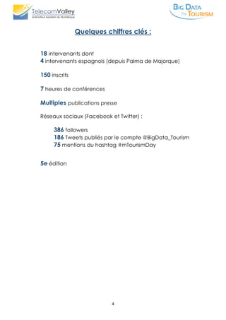 4
Quelques chiffres clés :
18 intervenants dont
4 intervenants espagnols (depuis Palma de Majorque)
150 inscrits
7 heures de conférences
Multiples publications presse
Réseaux sociaux (Facebook et Twitter) :
386 followers
186 Tweets publiés par le compte @BigData_Tourism
75 mentions du hashtag #mTourismDay
5e édition
 