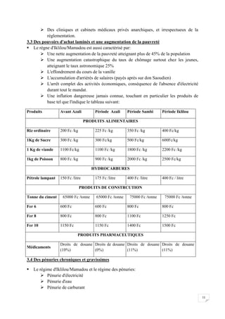 11
 Des cliniques et cabinets médicaux privés anarchiques, et irrespectueux de la
règlementation.
3.3 Des pouvoirs d'achat laminés et une augmentation de la pauvreté
 Le règne d'Iklilou/Mamadou est aussi caractérisé par:
 Une nette augmentation de la pauvreté atteignant plus de 45% de la population
 Une augmentation catastrophique du taux de chômage surtout chez les jeunes,
atteignant le taux astronomique 25%
 L'effondrement du cours de la vanille
 L'accumulation d'arriérés de salaires (payés après sur don Saoudien)
 L'arrêt complet des activités économiques, conséquence de l'absence d'électricité
durant tout le mandat.
 Une inflation dangereuse jamais connue, touchant en particulier les produits de
base tel que l'indique le tableau suivant:
Produits Avant Azali Période Azali Période Sambi Période Iklilou
PRODUITS ALIMENTAIRES
Riz ordinaire 200 Fc /kg 225 Fc /kg 350 Fc /kg 400 Fc/kg
1Kg de Sucre 300 Fc /kg 300 Fc/kg 500 Fc/kg 600Fc/kg
1 Kg de viande 1100 Fc/kg 1100 Fc /kg 1800 Fc /kg 2200 Fc /kg
1kg de Poisson 800 Fc /kg 900 Fc /kg 2000 Fc /kg 2500 Fc/kg
HYDROCARBURES
Pétrole lampant 150 Fc /litre 175 Fc /litre 400 Fc /litre 400 Fc / litre
PRODUITS DE CONSTRCUTION
Tonne du ciment 65000 Fc /tonne 65000 Fc /tonne 75000 Fc /tonne 75000 Fc /tonne
Fer 6 600 Fc 600 Fc 800 Fc 800 Fc
Fer 8 800 Fc 800 Fc 1100 Fc 1250 Fc
Fer 10 1150 Fc 1150 Fc 1400 Fc 1500 Fc
PRODUITS PHARMACEUTIQUES
Médicaments
Droits de douane
(10%)
Droits de douane
(0%)
Droits de douane
(11%)
Droits de douane
(11%)
3.4 Des pénuries chroniques et gravissimes
 Le régime d'Iklilou/Mamadou et le régime des pénuries:
 Pénurie d'électricité
 Pénurie d'eau
 Pénurie de carburant
 