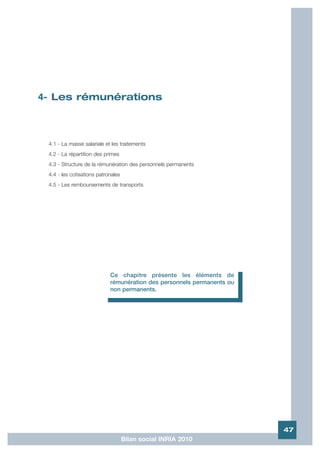 4- Les rémunérations



 4.1 - La masse salariale et les traitements
 4.2 - La répartition des primes
 4.3 - Structure de la rémunération des personnels permanents
 4.4 - les cotisations patronales
 4.5 - Les remboursements de transports




                            Ce chapitre présente les éléments de
                            rémunération des personnels permanents ou
                            non permanents.




                                                                        47
                                    Bilan social INRIA 2010
 