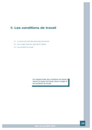5- Les conditions de travail



 5.1 - Le temps de travail des personnels permanents
 5.2 - Les congés maternité, paternité et maladie
 5.3 - Les accidents du travail




                              Ce chapitre traite des conditions de travail à
                              travers le temps de travail, divers congés et
                              les accidents du travail.




                                                                               53
                                  Bilan social INRIA 2010
 