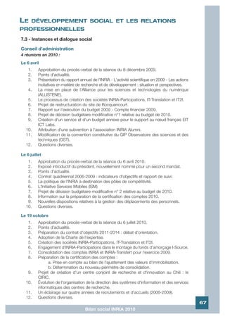 LE    DÉVELOPPEMENT SOCIAL ET LES RELATIONS
PROFESSIONNELLES
7.3 - Instances et dialogue social

Conseil d'administration
4 réunions en 2010 :
Le 6 avril
    1.    Approbation du procès-verbal de la séance du 8 décembre 2009.
    2.    Points d'actualité.
    3.    Présentation du rapport annuel de l'INRIA - L'activité scientifique en 2009 - Les actions
          incitatives en matière de recherche et de développement : situation et perspectives.
    4.    La mise en place de l'Alliance pour les sciences et technologies du numérique
          (ALLISTENE).
    5.    Le processus de création des sociétés INRIA-Participations, IT-Translation et IT2I.
    6.    Projet de restructuration du site de Rocquencourt.
    7.    Rapport sur l'exécution du budget 2009 - Compte financier 2009.
    8.    Projet de décision budgétaire modificative n°1 relative au budget de 2010.
    9.    Création d'un service et d'un budget annexe pour le support au nœud français EIT
          ICT Labs.
  10.     Attribution d'une subvention à l'association INRIA Alumni.
  11.     Modification de la convention constitutive du GIP Observatoire des sciences et des
          techniques (OST).
  12.     Questions diverses.

Le 6 juillet
   1.     Approbation du procès-verbal de la séance du 6 avril 2010.
   2.     Exposé introductif du président, nouvellement nommé pour un second mandat.
   3.     Points d'actualité.
   4.     Contrat quadriennal 2006-2009 : indicateurs d'objectifs et rapport de suivi.
   5.     La politique de l'INRIA à destination des pôles de compétitivité.
   6.     L'Initiative Services Mobiles (ISM)
   7.     Projet de décision budgétaire modificative n° 2 relative au budget de 2010.
   8.     Information sur la préparation de la certification des comptes 2010.
   9.     Nouvelles dispositions relatives à la gestion des déplacements des personnels.
  10.     Questions diverses.

Le 19 octobre
    1.    Approbation du procès-verbal de la séance du 6 juillet 2010.
    2.    Points d'actualité.
    3.    Préparation du contrat d'objectifs 2011-2014 : débat d'orientation.
    4.    Adoption de la Charte de l'expertise.
    5.    Création des sociétés INRIA-Participations, IT-Translation et IT2I.
    6.    Engagement d'INRIA-Participations dans le montage du fonds d'amorçage I-Source.
    7.    Consolidation des comptes INRIA et INRIA-Transfert pour l'exercice 2009.
    8.    Préparation de la certification des comptes :
                a. Prise en compte au bilan de l'ajustement des valeurs d'immobilisation.
                b. Détermination du nouveau périmètre de consolidation.
    9.    Projet de création d'un centre conjoint de recherche et d'innovation au Chili : le
          CIRIC.
  10.     Évolution de l'organisation de la direction des systèmes d'information et des services
          informatiques des centres de recherche.
  11.     Un éclairage sur quatre années de recrutements et d'accueils (2006-2009).
  12.     Questions diverses.
                                                                                                      67
                                     Bilan social INRIA 2010
 