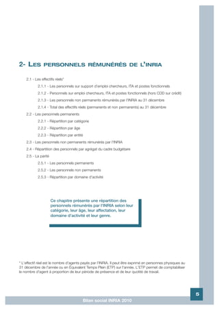 2- LES         PERSONNELS RÉMUNÉRÉS DE L’INRIA

    2.1 - Les effectifs réels*
           2.1.1 - Les personnels sur support d'emploi chercheurs, ITA et postes fonctionnels
           2.1.2 - Personnels sur emploi chercheurs, ITA et postes fonctionnels (hors CDD sur crédit)
           2.1.3 - Les personnels non permanents rémunérés par l'INRIA au 31 décembre
           2.1.4 - Total des effectifs réels (permanents et non permanents) au 31 décembre
    2.2 - Les personnels permanents
           2.2.1 - Répartition par catégorie
           2.2.2 - Répartition par âge
           2.2.3 - Répartition par entité
    2.3 - Les personnels non permanents rémunérés par l'INRIA
    2.4 - Répartition des personnels par agrégat du cadre budgétaire
    2.5 - La parité
           2.5.1 - Les personnels permanents
           2.5.2 - Les personnels non permanents
           2.5.3 - Répartition par domaine d'activité




                      Ce chapitre présente une répartition des
                      personnels rémunérés par l'INRIA selon leur
                      catégorie, leur âge, leur affectation, leur
                      domaine d'activité et leur genre.




* L'effectif réel est le nombre d'agents payés par l'INRIA. Il peut être exprimé en personnes physiques au
31 décembre de l'année ou en Équivalent Temps Plein (ETP) sur l'année. L'ETP permet de comptabiliser
le nombre d'agent à proportion de leur période de présence et de leur quotité de travail.




                                                                                                             5
                                         Bilan social INRIA 2010
 