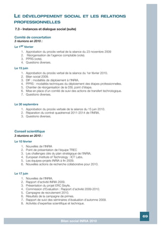 LE   DÉVELOPPEMENT SOCIAL ET LES RELATIONS
PROFESSIONNELLES
7.3 - Instances et dialogue social (suite)

Comité de concertation
3 réunions en 2010 :
Le 1er février
     1. Approbation du procès verbal de la séance du 23 novembre 2009
     2. Réorganisation de l'agence comptable (vote).
     3. PPRS (vote).
     4. Questions diverses.
Le 15 juin
     1.   Approbation du procès verbal de la séance du 1er février 2010.
     2.   Bilan social 2009.
     3.   DIF : modalités de déploiement à l'INRIA.
     4.   PPRS : modalités techniques du déploiement des étapes professionnelles.
     5.   Chantier de réorganisation de la DSI, point d'étape.
     6.   Mise en place d'un comité de suivi des actions de transfert technologique.
     7.   Questions diverses.


Le 30 septembre
     1. Approbation du procès verbale de la séance du 15 juin 2010.
     2. Réparation du contrat quadriennal 2011-2014 de l'INRIA.
     3. Questions diverses.




Conseil scientifique
3 réunions en 2010 :
Le 10 février
     1.   Nouvelles de l'INRIA
     2.   Point de présentation de l'équipe TREC
     3.   Les challenges clés du plan stratégique de l'INRIA.
     4.   European Institute of Technology : ICT Labs.
     5.   Les équipes-projets INRIA à fin 2009.
     6.   Nouvelles actions de recherche collaborative pour 2010.


Le 17 juin
     1.   Nouvelles de l'INRIA.
     2.   Rapport d'activité INRIA 2009.
     3.   Présentation du projet ERC Sisyfe.
     4.   Commission d'Evaluation : Rapport d'activité 2009-2010.
     5.   Campagne de recrutement 2010.
     6.   Résultats de la campagne de primes.
     7.   Rapport de suivi des séminaires d'évaluation d'automne 2009.
     8.   Activités d'expertise scientifique et technique.



                                                                                       69
                                    Bilan social INRIA 2010
 