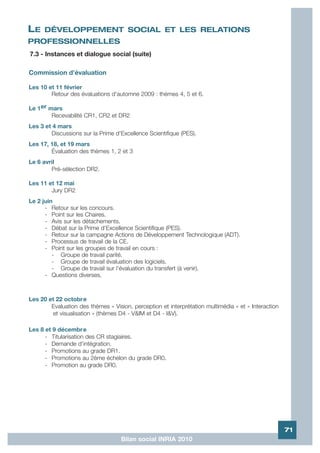 LE    DÉVELOPPEMENT SOCIAL ET LES RELATIONS
PROFESSIONNELLES
7.3 - Instances et dialogue social (suite)

Commission d’évaluation

Les 10 et 11 février
        Retour des évaluations d'automne 2009 : thèmes 4, 5 et 6.

Le 1er mars
        Recevabilité CR1, CR2 et DR2
Les 3 et 4 mars
        Discussions sur la Prime d'Excellence Scientifique (PES).
Les 17, 18, et 19 mars
        Évaluation des thèmes 1, 2 et 3
Le 6 avril
        Pré-sélection DR2.

Les 11 et 12 mai
        Jury DR2
Le 2 juin
      - Retour sur les concours.
      - Point sur les Chaires.
      - Avis sur les détachements.
      - Débat sur la Prime d'Excellence Scientifique (PES).
      - Retour sur la campagne Actions de Développement Technologique (ADT).
      - Processus de travail de la CE.
      - Point sur les groupes de travail en cours :
         - Groupe de travail parité.
         - Groupe de travail évaluation des logiciels.
         - Groupe de travail sur l'évaluation du transfert (à venir).
      - Questions diverses.



Les 20 et 22 octobre
        Evaluation des thèmes « Vision, perception et interprétation multimédia » et « Interaction
         et visualisation » (thèmes D4 - V&IM et D4 - I&V).

Les 8 et 9 décembre
      - Titularisation des CR stagiaires.
      - Demande d'intégration.
      - Promotions au grade DR1.
      - Promotions au 2ème échelon du grade DR0.
      - Promotion au grade DR0.




                                                                                                     71
                                    Bilan social INRIA 2010
 