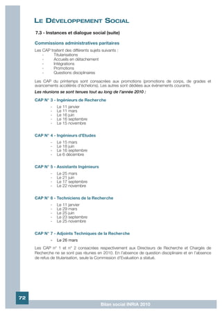LE DÉVELOPPEMENT SOCIAL
     7.3 - Instances et dialogue social (suite)

     Commissions administratives paritaires
     Les CAP   traitent des différents sujets suivants :
         -       Titularisations
         -       Accueils en détachement
         -       Intégrations
         -       Promotions
         -       Questions disciplinaires

     Les CAP du printemps sont consacrées aux promotions (promotions de corps, de grades et
     avancements accélérés d'échelons). Les autres sont dédiées aux évènements courants.
     Les réunions se sont tenues tout au long de l'année 2010 :

     CAP N° 3 - Ingénieurs de Recherche
               -   Le   11   janvier
               -   Le   11   mars
               -   Le   16   juin
               -   Le   16   septembre
               -   Le   15   novembre


     CAP N° 4 - Ingénieurs d'Etudes
               -   Le   15 mars
               -   Le   18 juin
               -   Le   16 septembre
               -   Le   6 décembre


     CAP N° 5 - Assistants Ingénieurs
               -   Le   25   mars
               -   Le   21   juin
               -   Le   17   septembre
               -   Le   22   novembre


     CAP N° 6 - Techniciens de la Recherche
               -   Le   11   janvier
               -   Le   29   mars
               -   Le   25   juin
               -   Le   23   septembre
               -   Le   25   novembre


     CAP N° 7 - Adjoints Techniques de la Recherche
               -   Le 26 mars
     Les CAP n° 1 et n° 2 consacrées respectivement aux Directeurs de Recherche et Chargés de
     Recherche ne se sont pas réunies en 2010. En l'absence de question disciplinaire et en l'absence
     de refus de titularisation, seule la Commission d'Evaluation a statué.




72
                                             Bilan social INRIA 2010
 