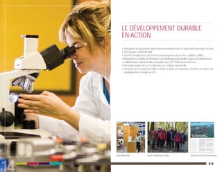LE DÉVELOPPEMENT DURABLE
     EN ACTION
     • Participation au tout premier salon environnemental de Pierre-De Saurel aux Promenades de Sorel
     • Participation à AMERICANA
     • Journée d’implication à la Société d'aménagement de la baie Lavallière (SABL)
     • Intégration d’un atelier de formation sur le développement durable auprès des entrepreneurs
     • Collaboration rédactionnelle à la publication VECTEUR environnement
     • Partenaire majeur de la 3e conférence en écologie industrielle
     • Formation d’un comité qui veille à mettre en place des initiatives concrètes en matière de
       développement durable au CLD




Salon AMERICANA                Journée d’implication à la SABL                Publication VECTEUR environnement
 