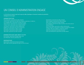 UN CONSEIL D’ADMINISTRATION ENGAGÉ
Le CLD de Pierre-De Saurel est géré par des gens du milieu, dynamiques et fermement convaincus du potentiel de
développement de la région!

ADMINISTRATEURS
Denis Plamondon, représentant du milieu industriel                                                      Raymond Arel, représentant du milieu municipal
Jacinthe Sirois, représentante du milieu des entreprises coopératives et collectives                    Réjean Dauplaise, représentant du milieu municipal
Lucie Rouillard Pépin, représentante du milieu de la santé                                              Olivar Gravel, représentant du milieu municipal
Céline Rousseau, représentante des commissions scolaires                                                Éric Champagne, représentant du milieu du commerce, des services et des ins-
Christine Latour, représentante de la condition féminine                                                titutions financières
José Broussot, représentant du milieu agroalimentaire                                                   Jean-François Daigle, représentant du milieu communautaire
Isabelle Caza, représentante des jeunes entrepreneurs                                                   Fabienne Desroches, représentante du milieu de l'enseignement collégial
Maria Libert, représentante du milieu municipal                                                         À combler, milieu des travailleurs y compris les syndicats
Denis Marion, représentant du milieu municipal                                                          Hélène Paris, représentante du milieu du tourisme
Gilles Salvas, représentant du milieu municipal                                                         Marie-Josée Bourbonnais, représentante du milieu culturel


ADMINISTRATEURS SANS DROIT DE VOTE
Denis Gauthier, représentant d'Emploi-Québec (CLE)
Josée Plamondon, directrice générale du CLD

OBSERVATEURS
Sylvain Rochon, représentant du député de Richelieu
Sylvie Pouliot, directrice générale de la SADC de Pierre-De Saurel
 