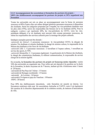 I-2-C Accompagnement des associations et formation des portenrs de projets;
100% des établissements accompagnent les portem's de lll'ojets et 34% organisent une
formation
Toutes les universités ont mis en place un accompagnement sous la forme de perSOlU1e
ressource et 89% d'entre elles ont même désigné plusieurs perSOlU1es-ressources à disposition
des étudiants. Parmi les catégories proposées par l'enquête, les vice-présidents étudiants sont
les plus cités (75%), suivis des responsables des bureaux de la vie étudiante (62%). Pour la
catégorie « autres» qui représente 60%, les vice-présidents du CEVU, voire les viceprésidents délégués à la vie étudiante sont souvent cités comme personnes ressources, de
même les responsables des services culturels pour le montage des projets culturels.
Quelques exemples peuvent être dOlU1és :
-université du Littoral: 4 personnes ressources: le vice-président CEVU, la chargée de
mission Vie étudiante et réussite étudiante, le chargé de mission culture, le responsable de la
Maison des étudiants et des lieux de vie étudiante.
-université Lille 1 : 4 personnes ressources : 2 travaillant à l'espace culture, 1 travaillant au
service des sports, le VPE.
-université Montpellier 3 : 4 personnes également: le gestionnaire de la Maison des étudiants,
le chargé des commissions étudiantes, le référent communication, le responsable du service
chargé de la mission égalité.
En revanche, la formation des porteurs de projets est beaucoup moins l'épandue : seules
34% des universités en organisent une. Pour celles qui ont répondu à la question sur la durée
de la formation, la durée moyerme est de 7 heures, sachant qu'elle s'écheIOlU1e entre 1 heure
et 20 heures.
-université de Pau-Pays de l'Adour: 15 heures
-université de Bretagne occidentale: 15 heures
-université de Lorraine: 16 heures
-université d'Avignon et pays du Vaucluse: 18 heures
-INPG: 20 heures
Pour 89% des établissements répondants, cette formation est assurée en interne. Les
formateurs extérieurs cités sont les associations Animafac et l'AFEV, mais il est également
fait mention de la direction départementale de la cohésion sociale, de maisons d'associations
de ville.

5

 