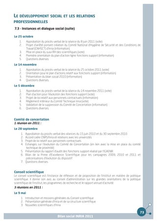 LE DÉVELOPPEMENT SOCIAL ET LES RELATIONS
PROFESSIONNELLES
7.3 - Instances et dialogue social (suite)

Le 25 octobre
    1.     Approbation du procès-verbal de la séance du 8 juin 2011 (vote)
    2.     Projet d'arrêté portant création du Comité National d'Hygiène de Sécurité et des Conditions de
           Travail (CNHSCT) d'Inria (information)
    3.     Mise en place du suivi RH des scientifiques (vote)
    4.     Première orientation du plan d'action ligne fonctions support (information)
    5.     Questions diverses.
Le 14 novembre
    1.     Approbation du procès-verbal de la séance du 25 octobre 2011 (vote)
    2.     Orientation pour le plan d'actions relatif aux fonctions support (information)
    3.     Présentation du bilan social 2010 (information)
    4.     Questions diverses.
Le 5 décembre
    1.     Approbation du procès-verbal de la séance du 14 novembre 2011 (vote)
    2.     Plan d'action pour l'évolution des fonctions support (vote)
    3.     Projet de loi relatif aux personnels contractuels (information)
    4.     Règlement intérieur du Comité Technique Inria (vote)
    5.     Validation de la suppression du Comité de Concertation (information)
    6.     Questions diverses.


Comité de concertation
1 réunion en 2011 :
Le 28 septembre
     1. Approbation du procès-verbal des séances du 15 juin 2010 et du 30 septembre 2010
     2. Accord cadre CNRS/Inria et relations avec les universités
     3. Projet de loi relatif aux personnels contractuels
     4. Echanges sur l'évolution du Comité de Concertation (en lien avec la mise en place du comité
        technique de proximité)
     5. Présentation du rapport d'audit des fonctions support réalisé par l'IGAENR
     6. Bilan de la Prime d'Excellence Scientifique pour les campagnes 2009, 2010 et 2011 et
        préconisations d'évolution du dispositif
     7. Questions diverses.


Conseil scientifique
Le conseil scientifique est l'instance de réflexion et de proposition de l'institut en matière de politique
scientifique. Il donne son avis au conseil d'administration sur les grandes orientations de la politique
scientifique de l'institut, les programmes de recherche et le rapport annuel d'activité.
3 réunions en 2011 :
Le 9 mai
     1. Introduction et missions générales du Conseil scientifique
     2. Présentation générale d'Inria et de sa structure scientifique
     3. Nouvelles scientifiques d'Inria

                                                                                                          73
                                      Bilan social INRIA 2011
 