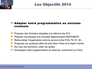 Les Objectifs 2014

 Adapter notre programmation au nouveau
contexte







Proposer des formation adaptées à la réforme des R.S.
Préparer nos équipes à la nouvelle réglementation BAFA/BAFD
Rationnaliser l’organisation entre le service et les IFAC 78, 91, 95…
S’appuyer sur quelques têtes de pont dans l’Oise et la région Centre
Sur tous ces territoires, cibler les lycées
Développer notre programmation en externat, notamment sur Paris

Ifac - service BAFA/BAFD Ile-de-France

 