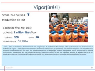 27/03/2017 4848
Vigor(Brésil)
Production de lait
CAPACITÉ : 1 million litres/jour
EMPLOIS : 350 MUSD : 40
SCORE USINE DU F...
