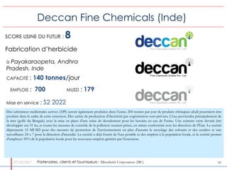 27/03/2017 5656
Deccan Fine Chemicals (Inde)
Fabrication d’herbicide
CAPACITÉ : 140 tonnes/jour
EMPLOIS : 700 MUSD : 179
S...