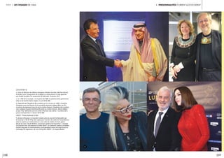 258 259
I. Personnalités d’Orient & d’Occidentpartie 3 Les visages de l’IMA
légendeS //
a. Visite du Ministre des Affaires étrangères d’Arabie Saoudite, Adel ben Ahmed
al-Joubeir, pour l’inauguration de la plaque en remerciement à l’aide apportée
par l’Arabie Saoudite à la restauration du bâtiment. 16 janvier 2017.
c. La « Fête de la musique » sur le parvis de l’IMA, en présence de la plasticienne
Orlan et de l’artiste Fabrice Hyber. 21 juin 2018, IMA.
d. Organisés par l’Académie des Lumières qui a vu le jour en 1995 à l’initiative
de daniel toscan du Plantier et du journaliste américain Edward Behr, les Prix
Lumières récompensent tous les ans le cinéma français. L’Académie des Lumières
veut souligner le grand intérêt qu’elle porte au cinéma français . Monica Belluci
et Jean-Paul Belmondo sont les invités d’honneur des 23ème « Lumières de la
presse internationale ». 5 février 2018, IMA.
CRÉDIT : Thierry Rambaud © IMA
b. Arrivant d’Assouan où ils avaient acheté, près du souk de l’embarcadère qui
les amenait à l’île de Philæ, des copies pour touristes du collier de Toutankhamon,
dont ils avaient vu la restauration en cours dans les ateliers du futur grand
Musée du Caire, Claude Mollard, commissaire général de l’exposition « L’épopée
du Canal de Suez, des pharaons au XXIe siècle », et Catherine Lawless, conseillère
de Jack Lang pour la communication, se les passèrent autour du coup le jour du
vernissage de l’exposition. 26 mars 2018, IMA. CRÉDIT : © Claude Mollard
ba
c d
 