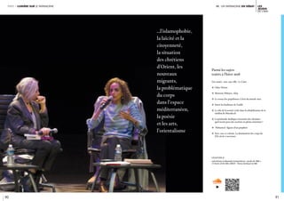 90 91
Les
JEUDIS
dE L’IMA
iII. un patrimoine en débatpartie 1 lumière sur le patrimoine
légende //
Leila Slimani et Alexandra Schwartzbrod. « Jeudis de l’IMA »,
15 février 2018, IMA. CRÉDIT : Thierry Rambaud © IMA
Parmi les sujets
traités à l’hiver 2018
Une année : 2011, une ville : Le Caire 
c Libye-Yémen 
c Mossoul, Palmyre, Alep 
c Le retour des populismes. L’état du monde 2019 
c Sortir les banlieues de l’oubli 
c Le rôle de la société civile dans la réhabilitation de la
médina de Marrakech 
c La péninsule Arabique à lacroisée des chemins :
quel avenir pour des sociétés en pleine mutation ?
c Mohamed : figures d’un prophète 
c Sexe, race et colonie. La domination des corps du
XVe siècle à nos jours.
...l’islamophobie,
la laïcité et la
citoyenneté,
la situation
des chrétiens
d’Orient, les
nouveaux
migrants,
la problématique
du corps
dans l’espace
méditerranéen,
la poésie
et les arts,
l’orientalisme
 