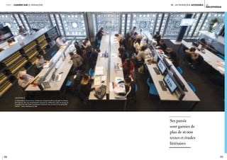 98 99
la
bibliothèque
iV. un patrimoine ACCESSIBLEpartie 1 lumière sur le patrimoine
Ses parois
sont garnies de
plus de 16 000
textes et études
littéraires
légende //
La bibliothèque atteste d’une architecture exceptionnelle pensée par l’architecte
Jean Nouvel, avec ses moucharabiehs éclairant les différentes salles de lecture, et
la sublime Tour des livres, symbolisant l’ascension vers le savoir et la spiritualité.
CRÉDIT : Thierry Rambaud © IMA
 