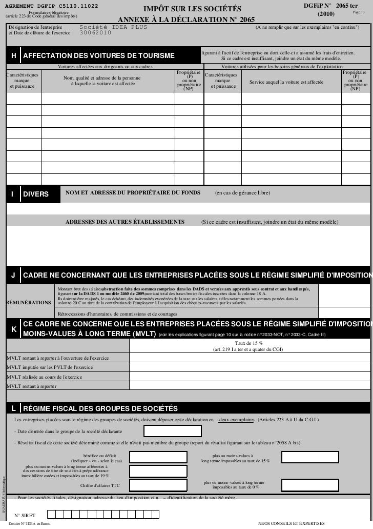Is1 Déclaration Impôt Sur Les Sociétés Et Annexes 2065