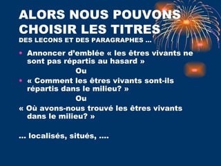 ALORS NOUS POUVONS CHOISIR LES TITRES  DES LECONS ET DES PARAGRAPHES … Annoncer d’emblée « les êtres vivants ne sont pas répartis au hasard » Ou « Comment les êtres vivants sont-ils répartis dans le milieu? » Ou « Où avons-nous trouvé les êtres vivants dans le milieu? » …  localisés, situés, …. 